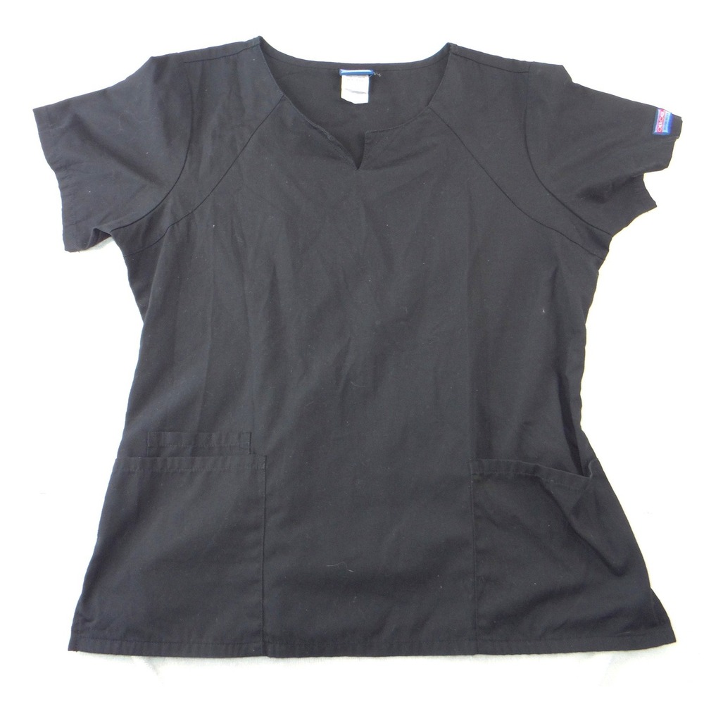 Cherokee Workwear Black Scrub Top Womens Large Notched V-Neck Cinched Back 2223